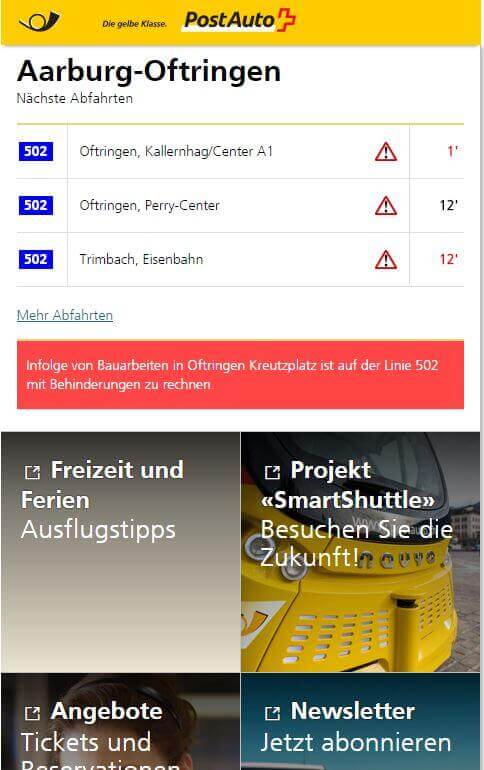 Haltestellen-Landingpage der Haltestelle Aarburg-Oftringen mit Abfahrtsfahrplan