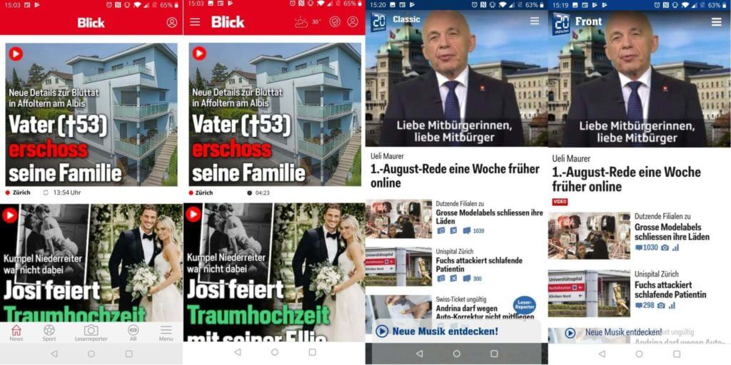 Vergleich der Hybrid- und Web-Apps von Blick und 20 Minuten